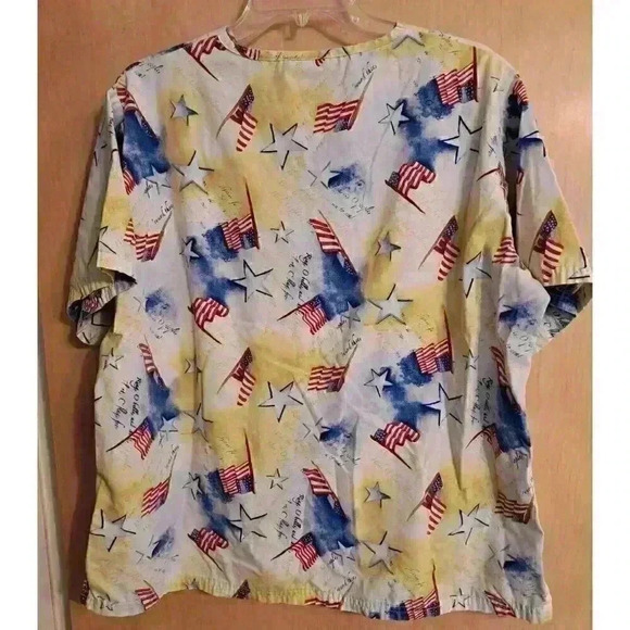 Happy Scrubs Women's Scrub Top Yellow Red White Blue USA Flag Star 4th of July - Picture 2 of 3